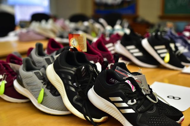 Shoes ready for distribution at Marian Middle School.JPG